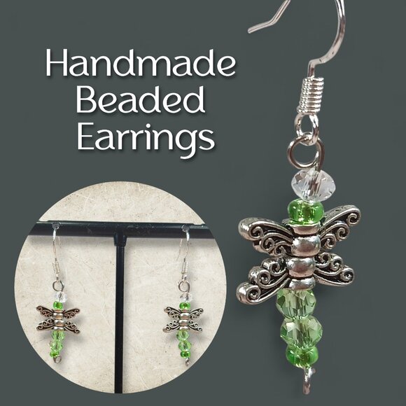 Handmade Green Beaded Dragonfly Dangle Earrings - Picture 1 of 7